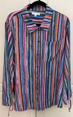 Daily Thread Multicolor Striped Button Down Top Ruched Tie Sleeves Size 2X NWOT